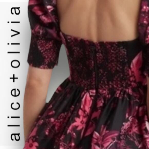 ALICE + OLIVIA EMMALOU FLORAL PRINT COTTON FAILLE MINI DRESS PINK BLACK MEDIUM 6 - Picture 5 of 14